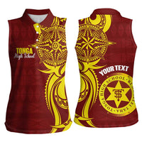 Personalised Tonga High School Women Sleeveless Polo Shirt THS Tongan Ngatu Pattern - Polynesian Pride