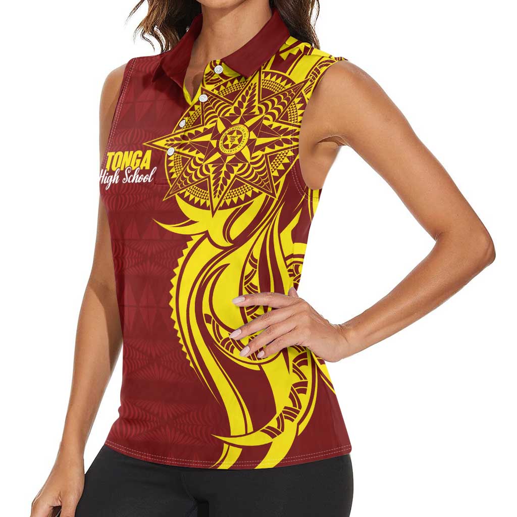Personalised Tonga High School Women Sleeveless Polo Shirt THS Tongan Ngatu Pattern - Polynesian Pride