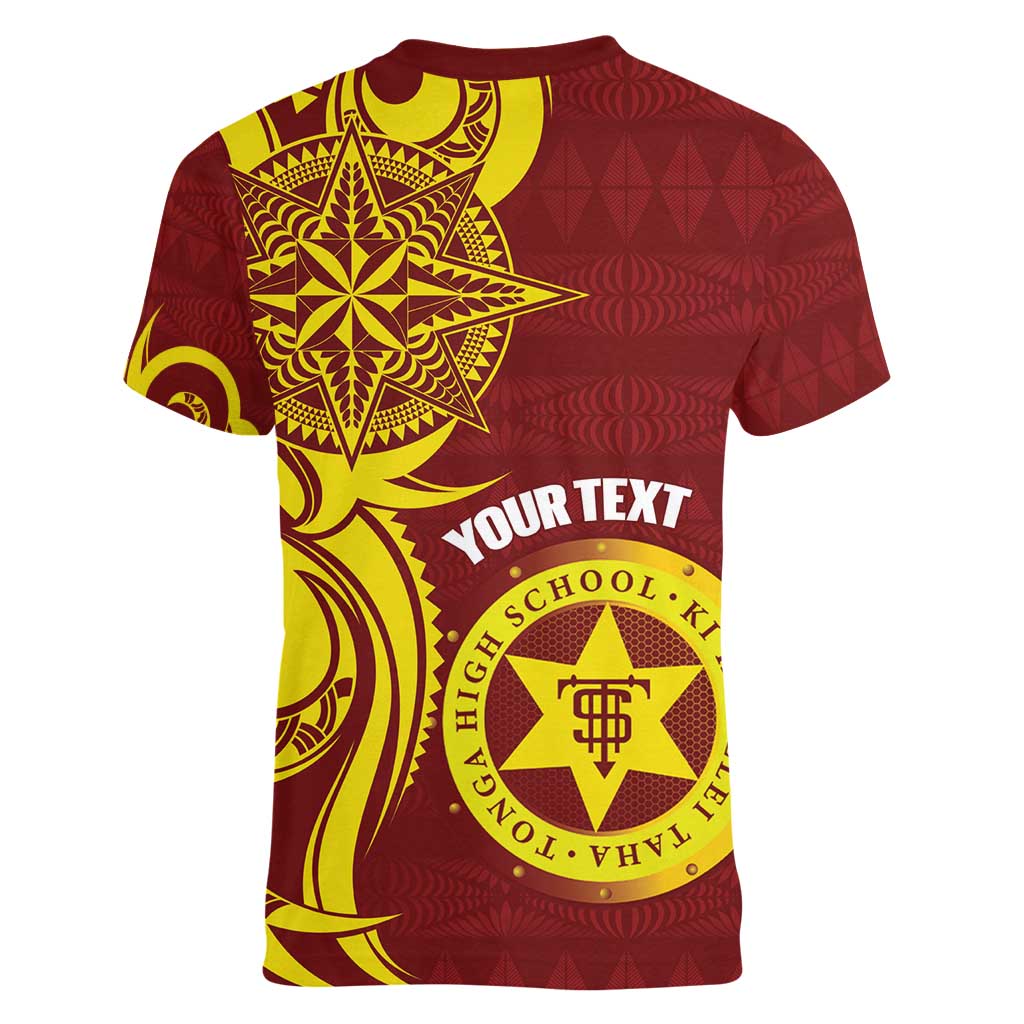 Personalised Tonga High School Women V-Neck T-Shirt THS Tongan Ngatu Pattern - Polynesian Pride
