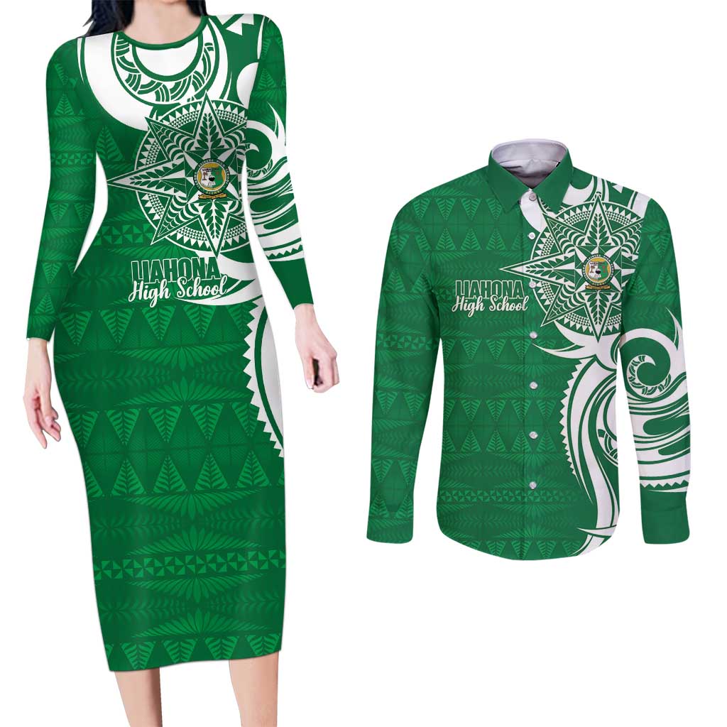 Personalised Liahona - Saineha High School Couples Matching Long Sleeve Bodycon Dress and Long Sleeve Button Shirt Tongan Ngatu Pattern - Polynesian Pride
