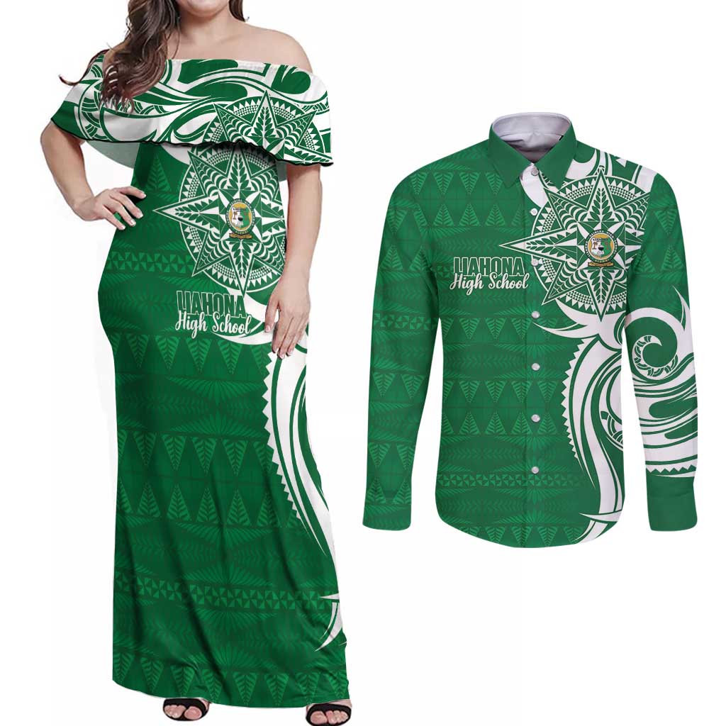 Personalised Liahona - Saineha High School Couples Matching Off Shoulder Maxi Dress and Long Sleeve Button Shirt Tongan Ngatu Pattern - Polynesian Pride