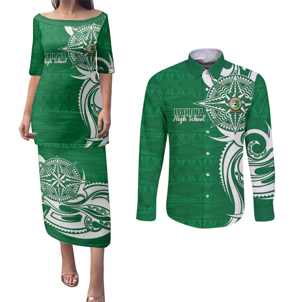 Personalised Liahona - Saineha High School Couples Matching Puletasi and Long Sleeve Button Shirt Tongan Ngatu Pattern - Polynesian Pride