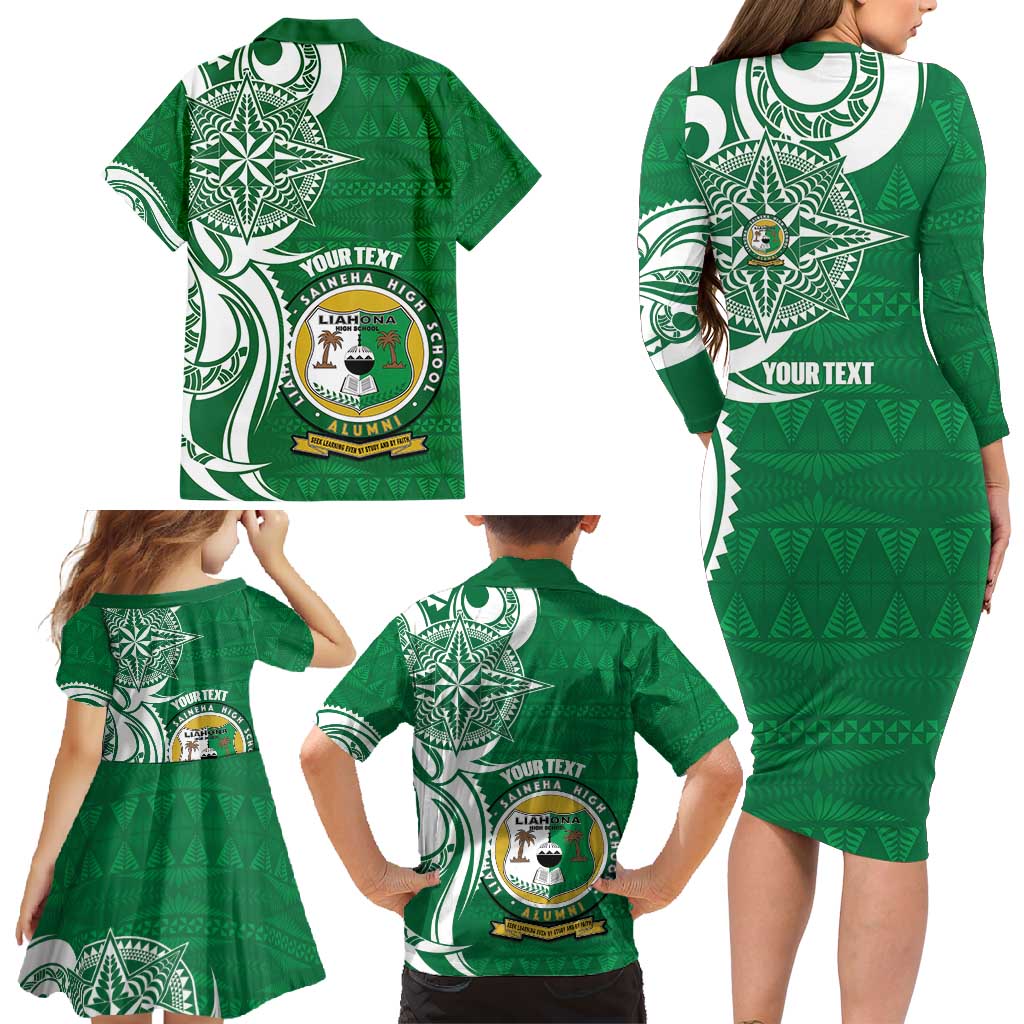 Personalised Liahona - Saineha High School Family Matching Long Sleeve Bodycon Dress and Hawaiian Shirt Tongan Ngatu Pattern - Polynesian Pride