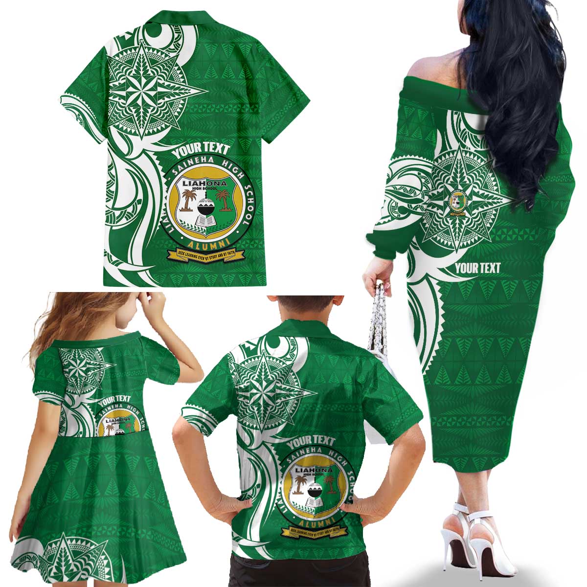 Personalised Liahona - Saineha High School Family Matching Off The Shoulder Long Sleeve Dress and Hawaiian Shirt Tongan Ngatu Pattern - Polynesian Pride