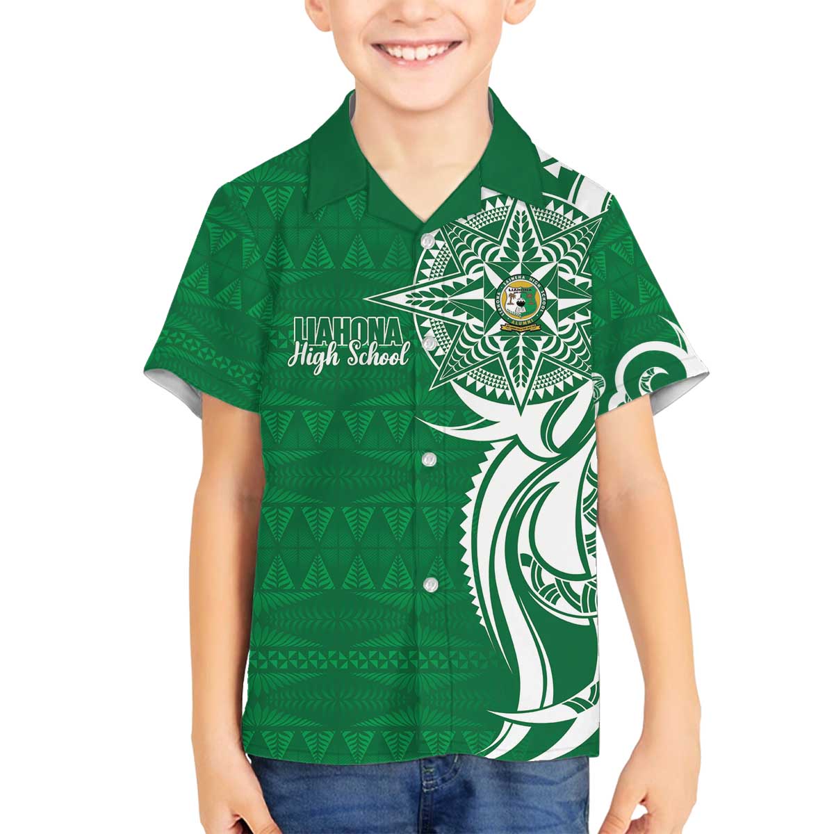 Personalised Liahona - Saineha High School Family Matching Off The Shoulder Long Sleeve Dress and Hawaiian Shirt Tongan Ngatu Pattern - Polynesian Pride