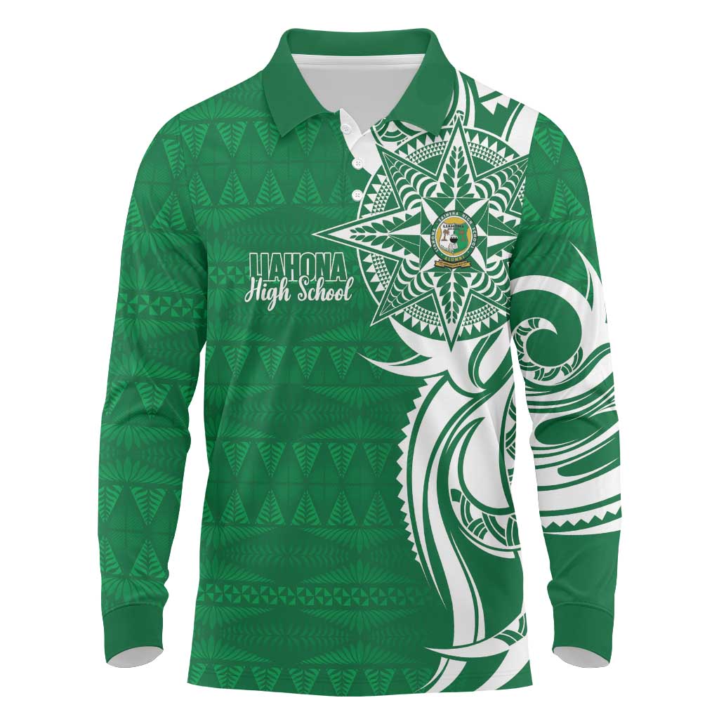 Personalised Liahona - Saineha High School Long Sleeve Polo Shirt Tongan Ngatu Pattern - Polynesian Pride