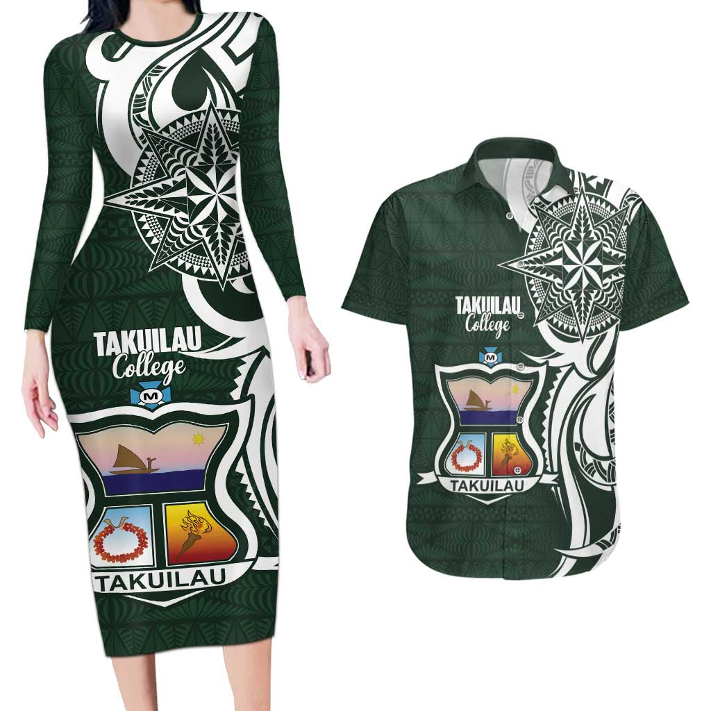 Personalised Tonga Takuilau College Couples Matching Long Sleeve Bodycon Dress and Hawaiian Shirt Est 1975 Tongan Ngatu Pattern - Polynesian Pride