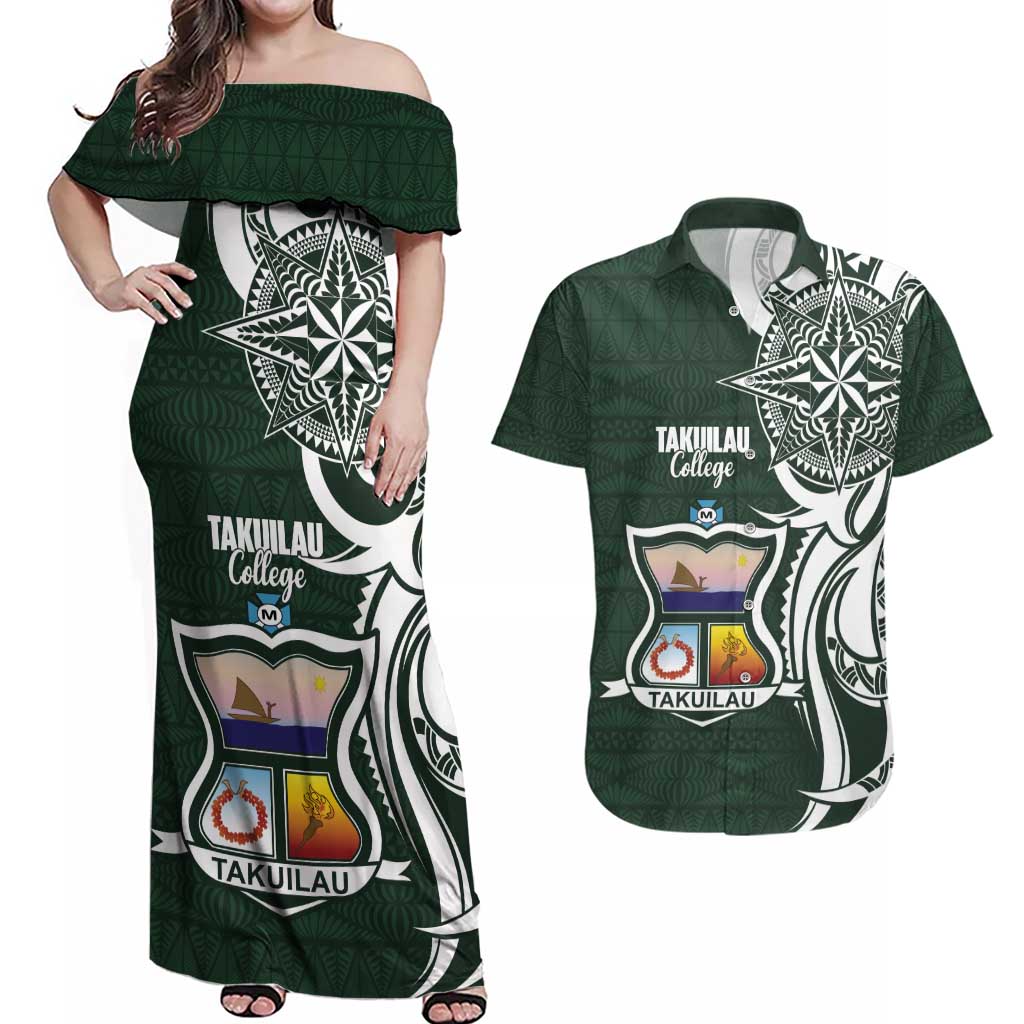 Personalised Tonga Takuilau College Couples Matching Off Shoulder Maxi Dress and Hawaiian Shirt Est 1975 Tongan Ngatu Pattern - Polynesian Pride