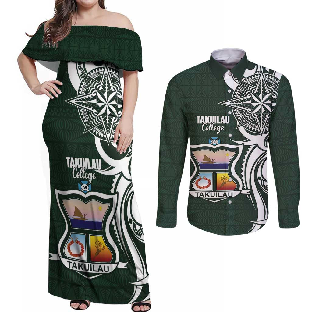 Personalised Tonga Takuilau College Couples Matching Off Shoulder Maxi Dress and Long Sleeve Button Shirt Est 1975 Tongan Ngatu Pattern - Polynesian Pride