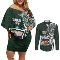 Personalised Tonga Takuilau College Couples Matching Off Shoulder Short Dress and Long Sleeve Button Shirt Est 1975 Tongan Ngatu Pattern - Polynesian Pride