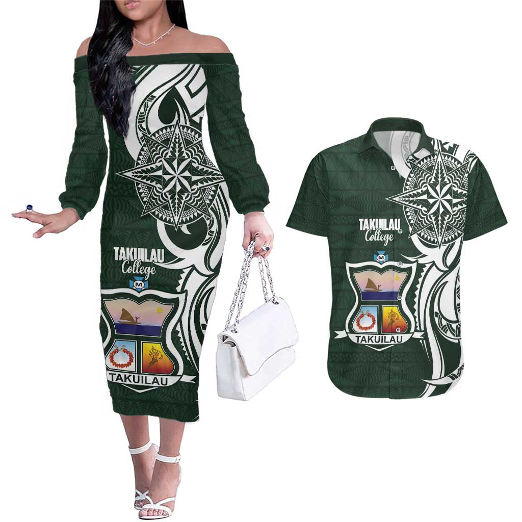 Personalised Tonga Takuilau College Couples Matching Off The Shoulder Long Sleeve Dress and Hawaiian Shirt Est 1975 Tongan Ngatu Pattern - Polynesian Pride