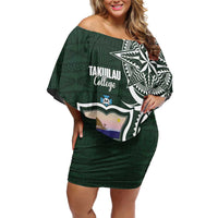Personalised Tonga Takuilau College Off Shoulder Short Dress Est 1975 Tongan Ngatu Pattern - Polynesian Pride