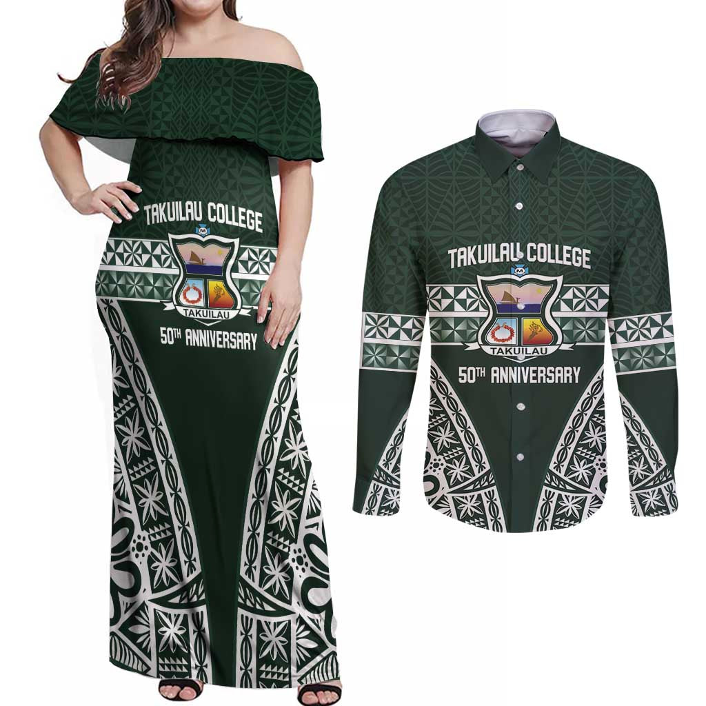 Personalised Tonga Takuilau College Couples Matching Off Shoulder Maxi Dress and Long Sleeve Button Shirt 50th Anniversary Ngatu Kupesi - Polynesian Pride