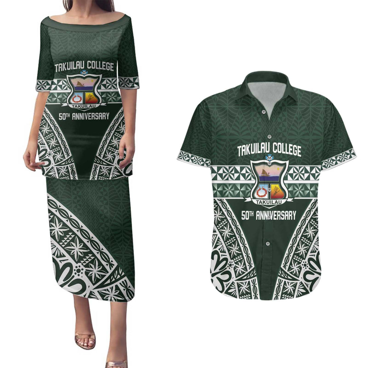 Personalised Tonga Takuilau College Couples Matching Puletasi and Hawaiian Shirt 50th Anniversary Ngatu Kupesi - Polynesian Pride