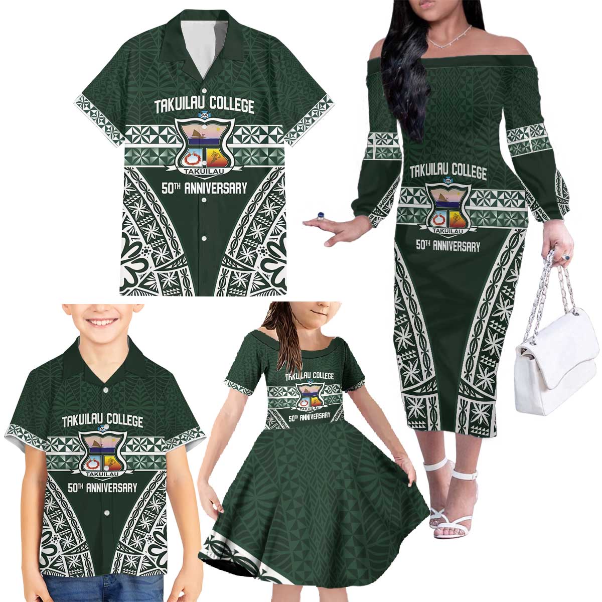 Personalised Tonga Takuilau College Family Matching Off The Shoulder Long Sleeve Dress and Hawaiian Shirt 50th Anniversary Ngatu Kupesi - Polynesian Pride