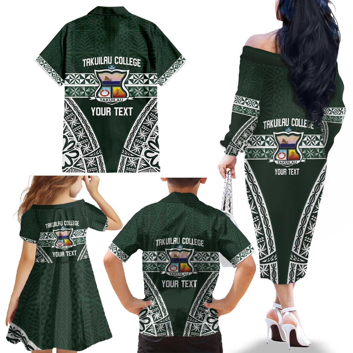 Personalised Tonga Takuilau College Family Matching Off The Shoulder Long Sleeve Dress and Hawaiian Shirt 50th Anniversary Ngatu Kupesi - Polynesian Pride