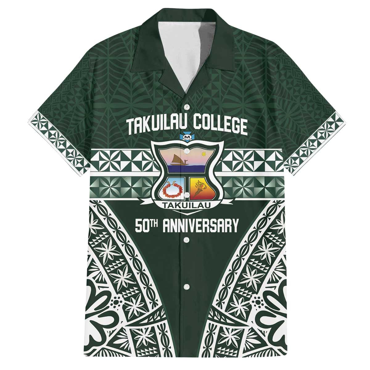 Personalised Tonga Takuilau College Family Matching Off The Shoulder Long Sleeve Dress and Hawaiian Shirt 50th Anniversary Ngatu Kupesi - Polynesian Pride
