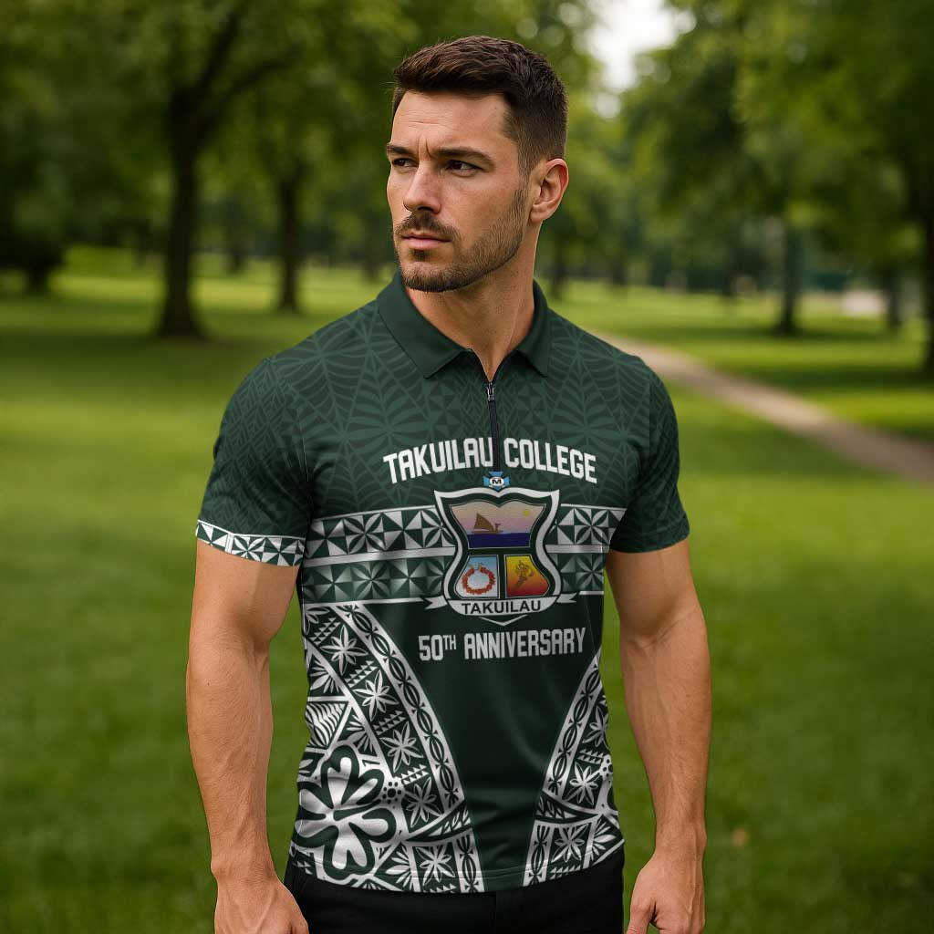 Personalised Tonga Takuilau College Zipper Polo Shirt 50th Anniversary Ngatu Kupesi - Polynesian Pride
