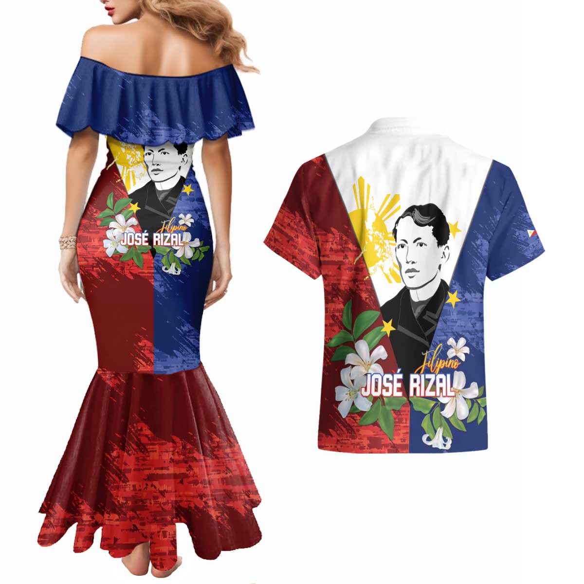 Philippines Rizal Day Couples Matching Mermaid Dress and Hawaiian Shirt Filipino Sampaguita Grunge Style - Polynesian Pride