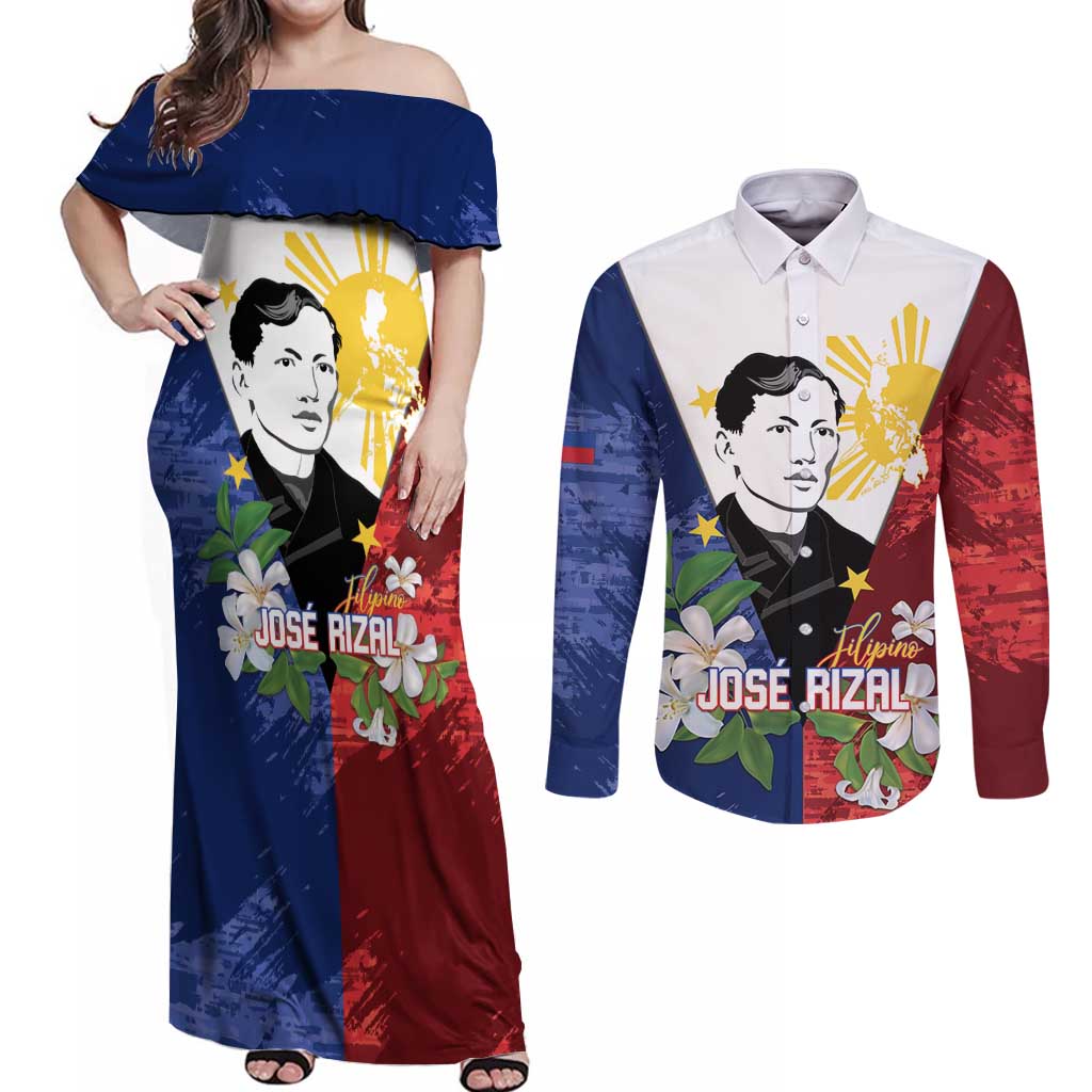 Philippines Rizal Day Couples Matching Off Shoulder Maxi Dress and Long Sleeve Button Shirt Filipino Sampaguita Grunge Style - Polynesian Pride