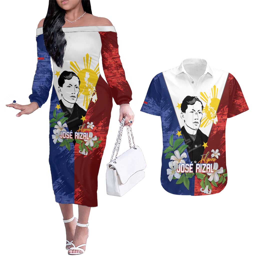 Philippines Rizal Day Couples Matching Off The Shoulder Long Sleeve Dress and Hawaiian Shirt Filipino Sampaguita Grunge Style - Polynesian Pride