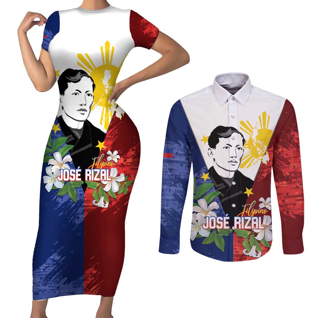 Philippines Rizal Day Couples Matching Short Sleeve Bodycon Dress and Long Sleeve Button Shirt Filipino Sampaguita Grunge Style - Polynesian Pride