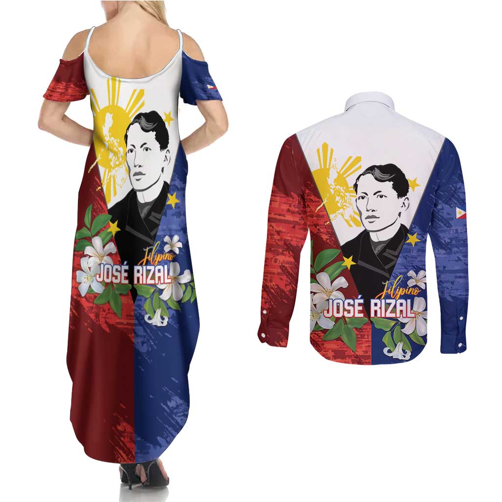 Philippines Rizal Day Couples Matching Summer Maxi Dress and Long Sleeve Button Shirt Filipino Sampaguita Grunge Style - Polynesian Pride