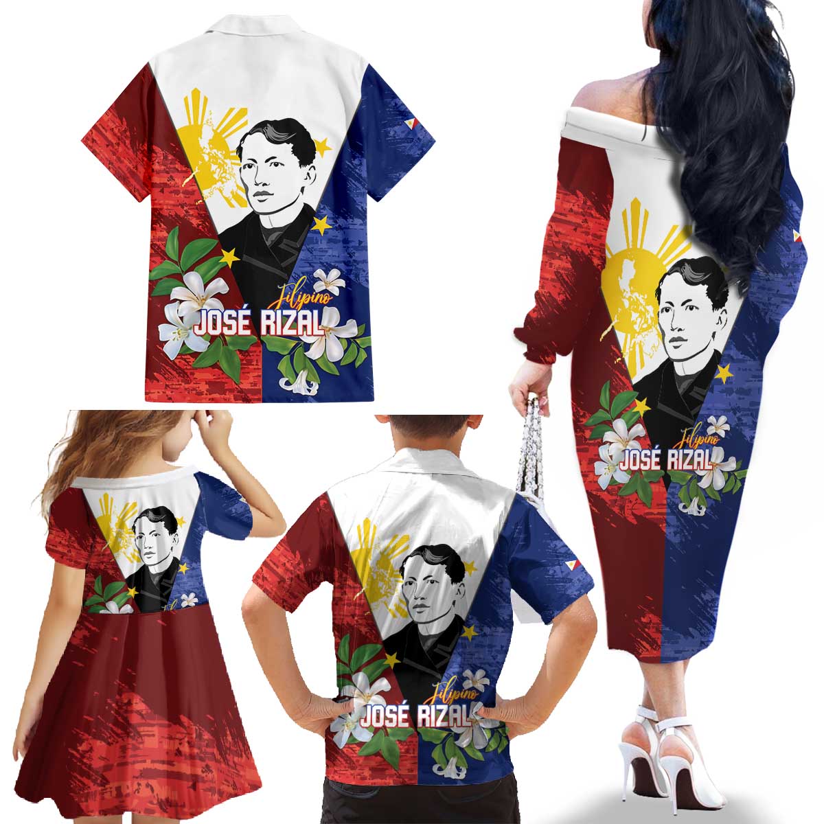 Philippines Rizal Day Family Matching Off The Shoulder Long Sleeve Dress and Hawaiian Shirt Filipino Sampaguita Grunge Style - Polynesian Pride