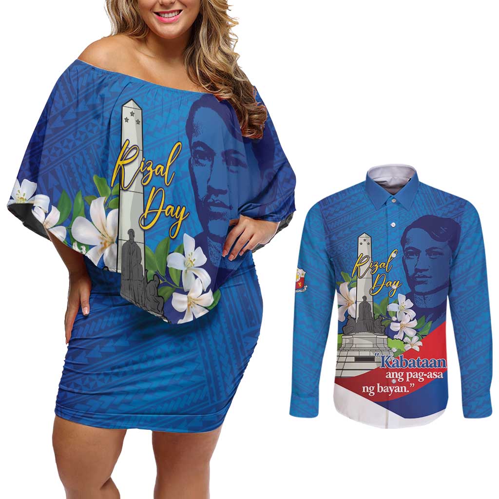Philippines Rizal Day Couples Matching Off Shoulder Short Dress and Long Sleeve Button Shirt Filipino Motto Stella Polynesian Pattern - Polynesian Pride