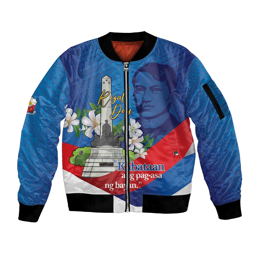 Philippines Rizal Day Sleeve Zip Bomber Jacket Filipino Motto Stella Polynesian Pattern - Polynesian Pride