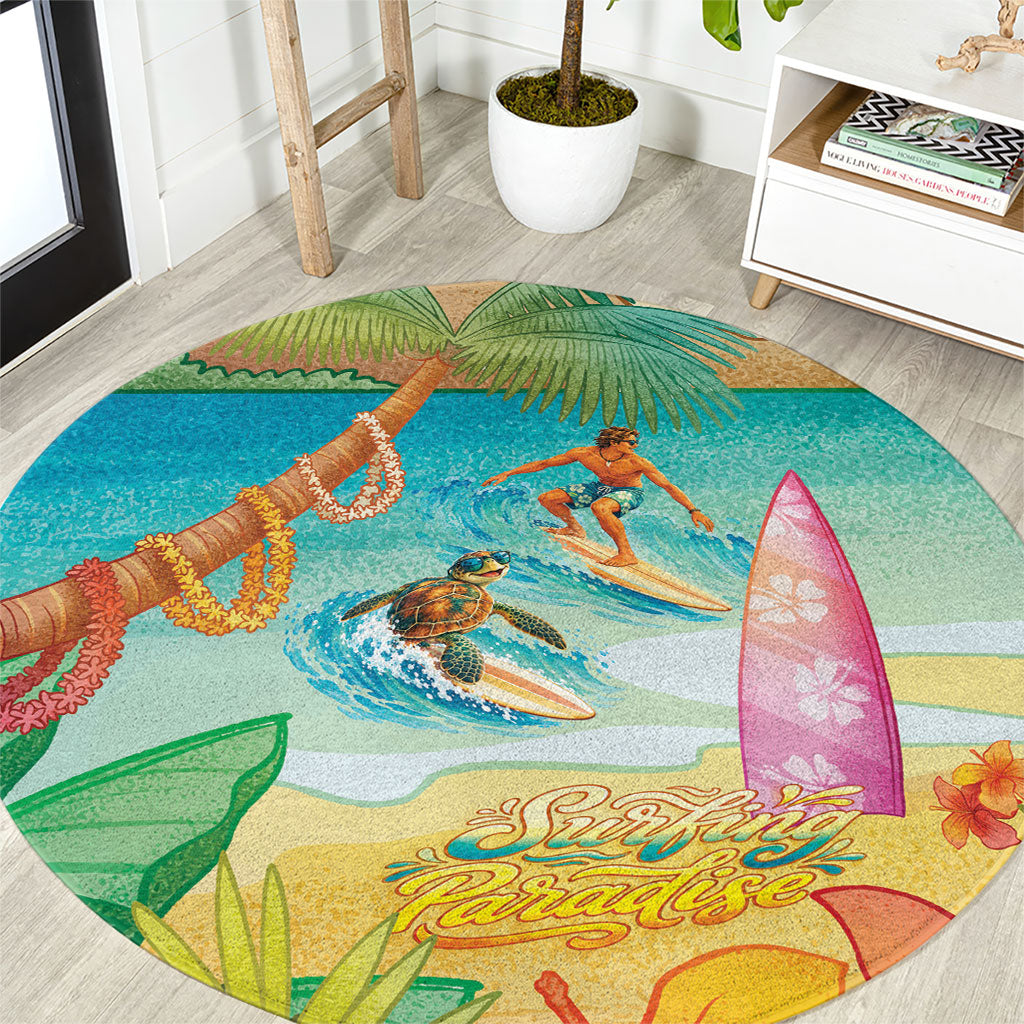 Surfing Paradise Hawaii Round Carpet Tropical Flowers Beachy Vibes LT14 Multicolor - Polynesian Pride
