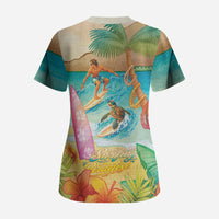 Surfing Paradise Hawaii Scrub Top Tropical Flowers Beachy Vibes LT14 - Polynesian Pride