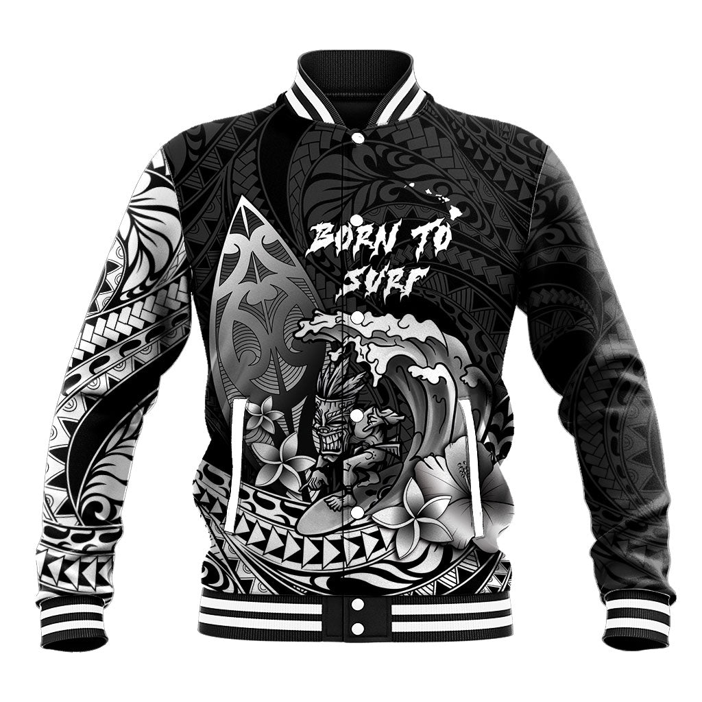 Hawaii Surfing Personalized Baseball Jacket Born To Surf Tiki Hawaiian Pattern LT14 Unisex Black - Polynesian Pride