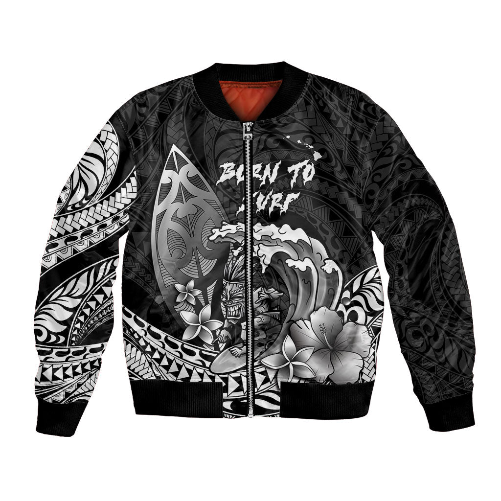 Hawaii Surfing Personalized Bomber Jacket Born To Surf Tiki Hawaiian Pattern LT14 Unisex Black - Polynesian Pride