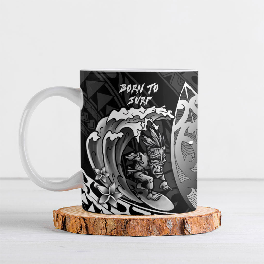 Hawaii Surfing Personalized Ceramic Mug Born To Surf Tiki Hawaiian Pattern LT14 Black - Polynesian Pride
