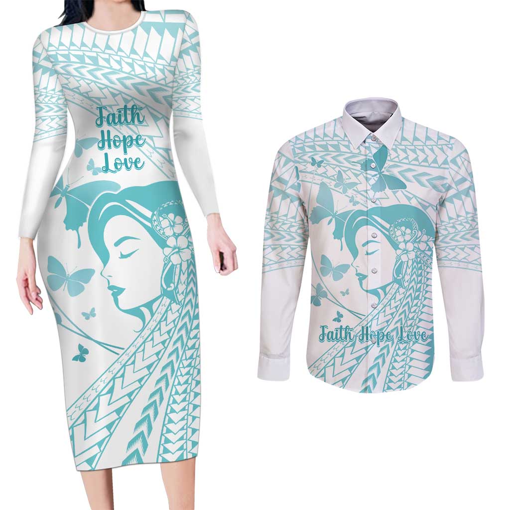 Polynesia Cervical Cancer Awareness Month Couples Matching Long Sleeve Bodycon Dress and Long Sleeve Button Shirt Polynesian Women Faith Hope Love!