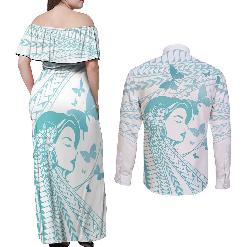 Polynesia Cervical Cancer Awareness Month Couples Matching Off Shoulder Maxi Dress and Long Sleeve Button Shirt Polynesian Women Faith Hope Love!