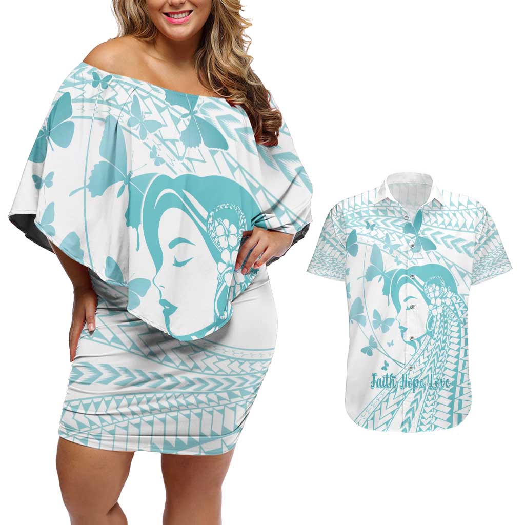 Polynesia Cervical Cancer Awareness Month Couples Matching Off Shoulder Short Dress and Hawaiian Shirt Polynesian Women Faith Hope Love!