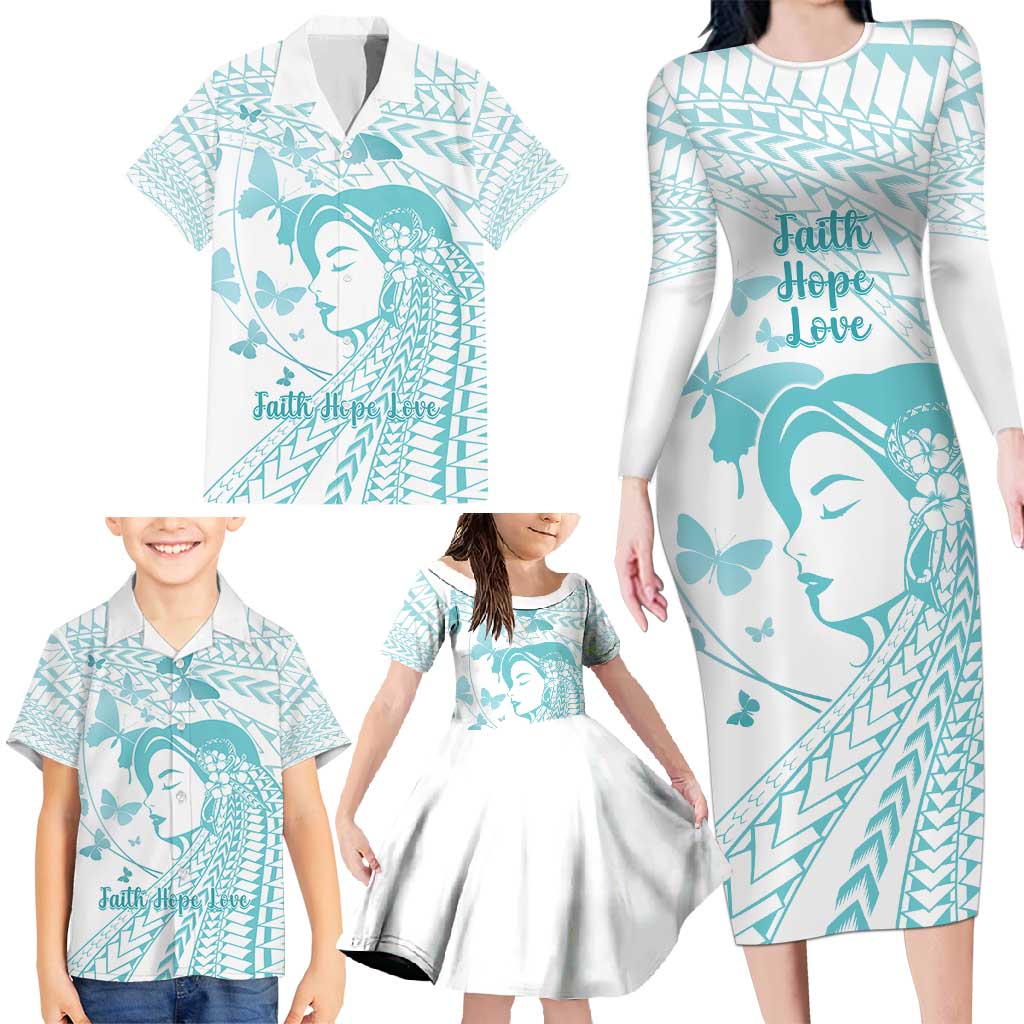 Polynesia Cervical Cancer Awareness Month Family Matching Long Sleeve Bodycon Dress and Hawaiian Shirt Polynesian Women Faith Hope Love!