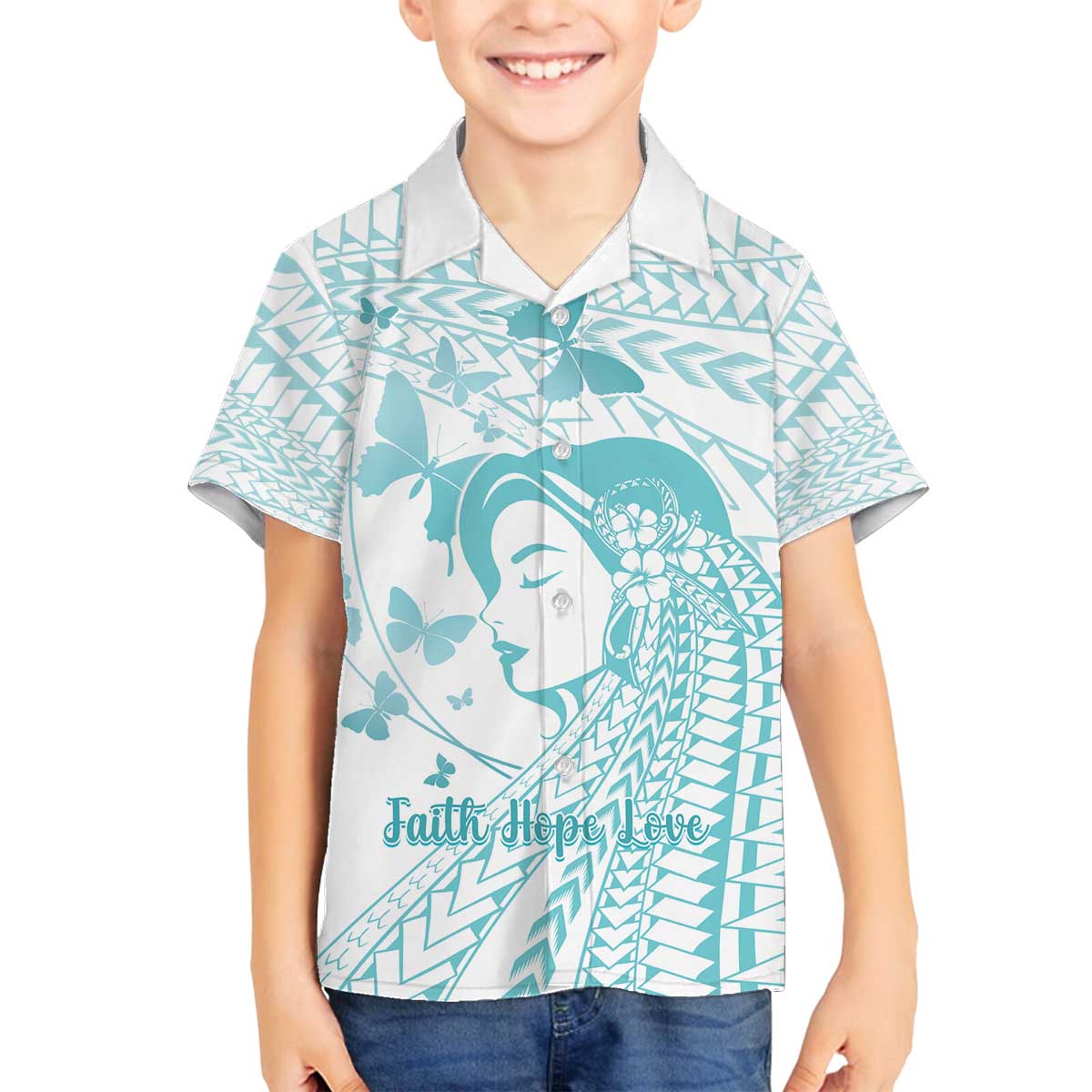 Polynesia Cervical Cancer Awareness Month Family Matching Off The Shoulder Long Sleeve Dress and Hawaiian Shirt Polynesian Women Faith Hope Love!