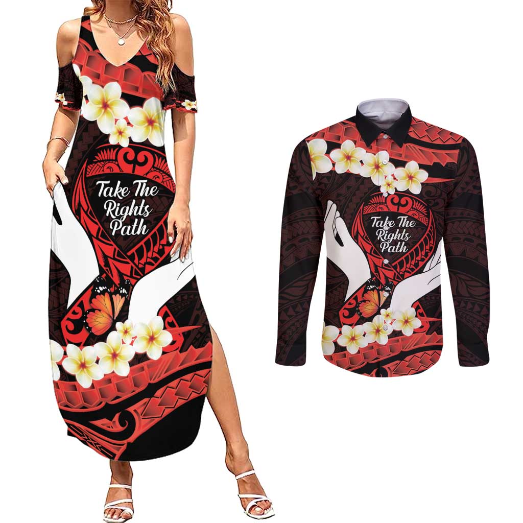 Polynesia AIDS Awareness Month Couples Matching Summer Maxi Dress and Long Sleeve Button Shirt Take The Rights Path Polynesian Pattern LT14 Red - Polynesian Pride