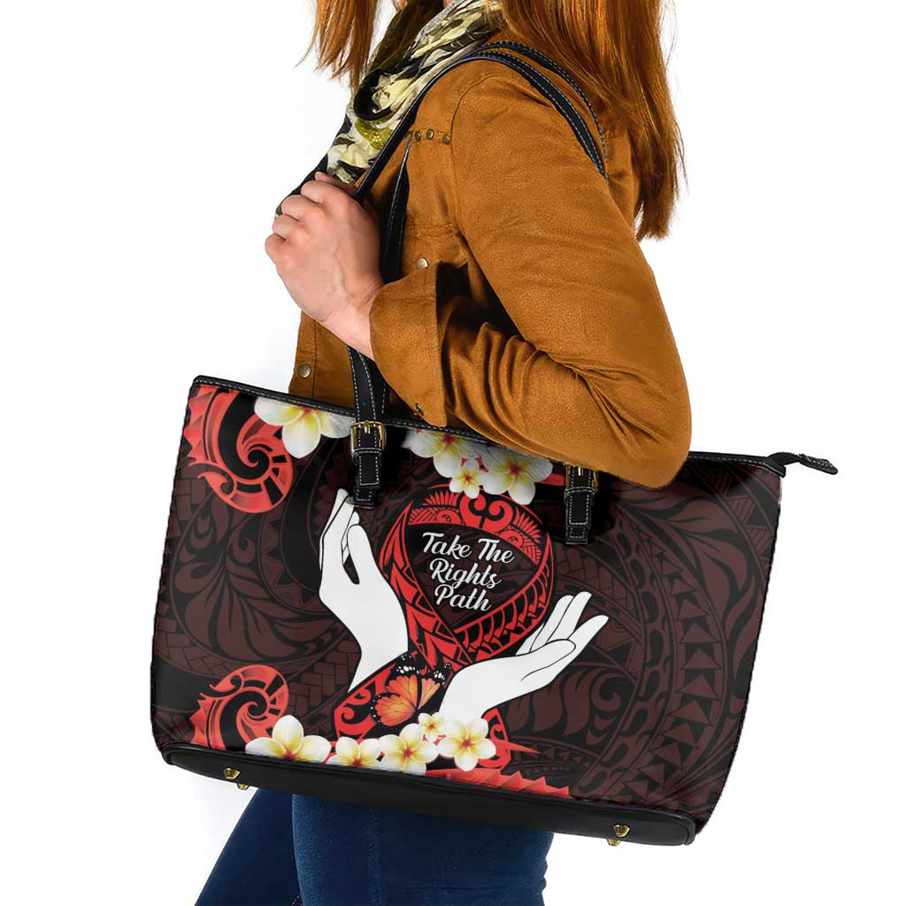 Polynesia AIDS Awareness Month Leather Tote Bag Take The Rights Path Polynesian Pattern LT14 Red - Polynesian Pride