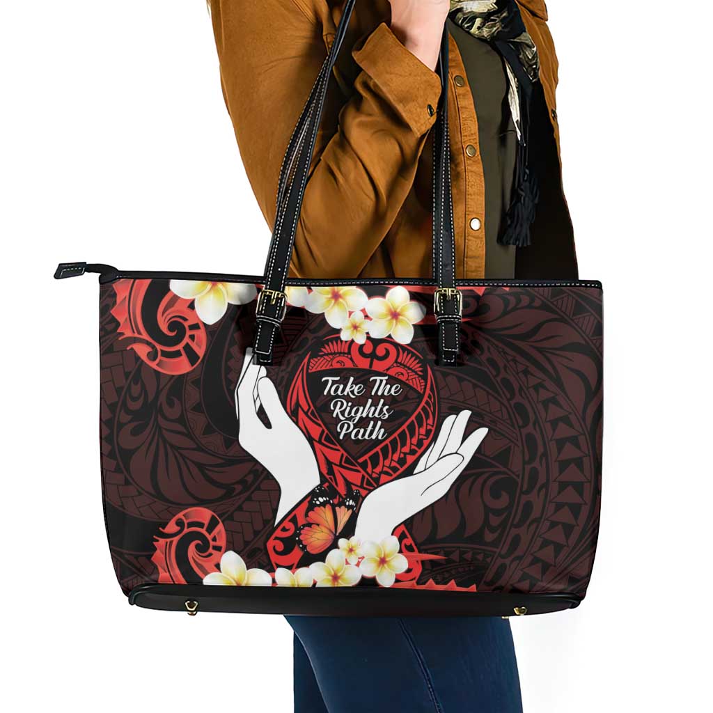 Polynesia AIDS Awareness Month Leather Tote Bag Take The Rights Path Polynesian Pattern LT14 - Polynesian Pride