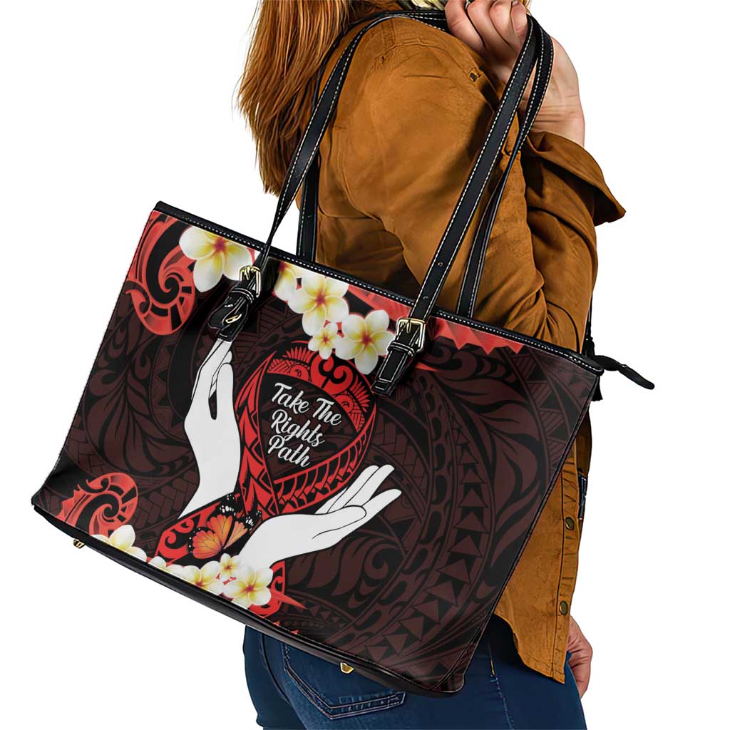 Polynesia AIDS Awareness Month Leather Tote Bag Take The Rights Path Polynesian Pattern LT14 - Polynesian Pride