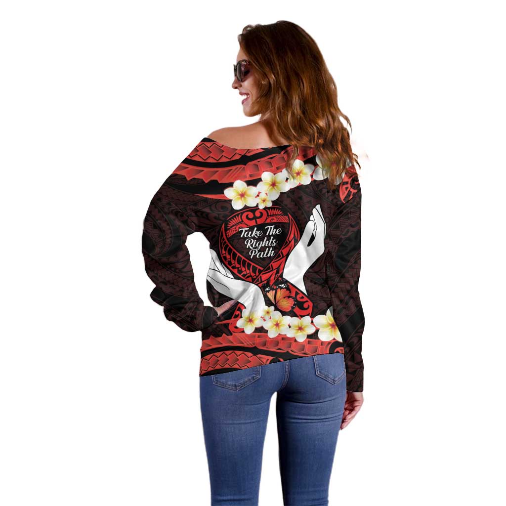 Polynesia AIDS Awareness Month Off Shoulder Sweater Take The Rights Path Polynesian Pattern