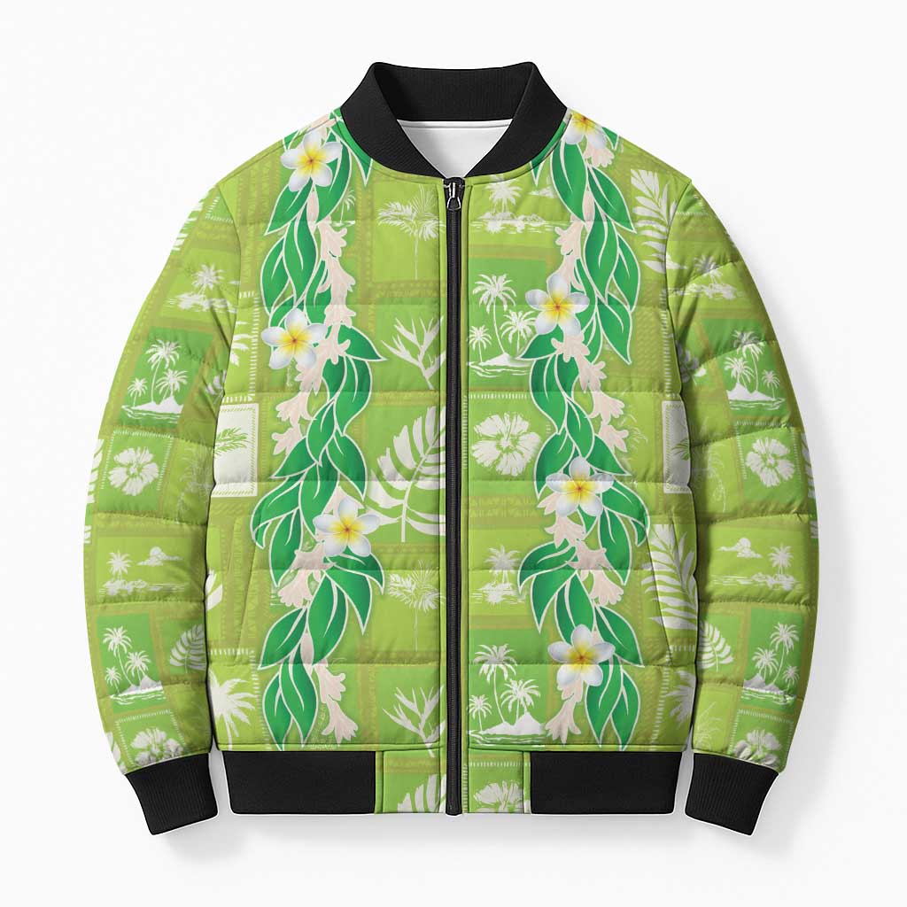 Aloha Hawaii Tuberose Lei Bomber Puffer Jacket Tropical Vibes Green Color - Polynesian Pride