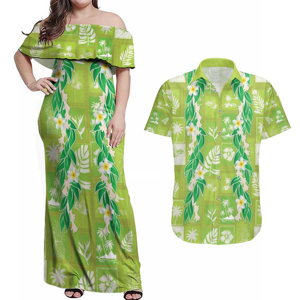 Aloha Hawaii Tuberose Lei Couples Matching Off Shoulder Maxi Dress and Hawaiian Shirt Tropical Vibes Green Color - Polynesian Pride
