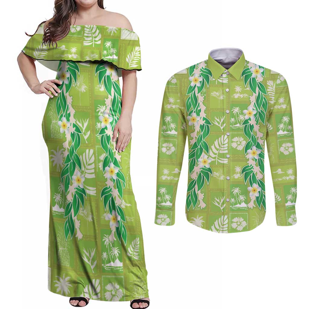 Aloha Hawaii Tuberose Lei Couples Matching Off Shoulder Maxi Dress and Long Sleeve Button Shirt Tropical Vibes Green Color - Polynesian Pride