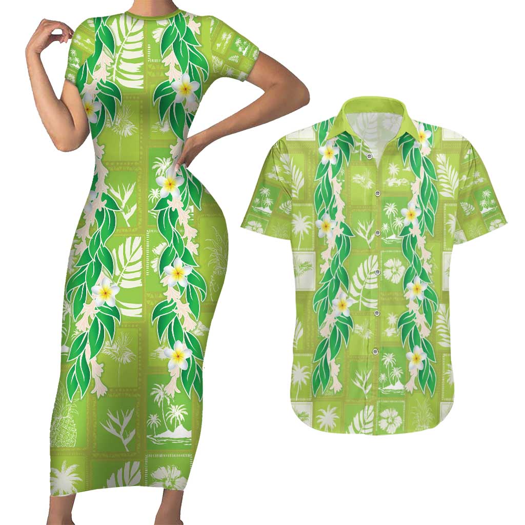 Aloha Hawaii Tuberose Lei Couples Matching Short Sleeve Bodycon Dress and Hawaiian Shirt Tropical Vibes Green Color - Polynesian Pride