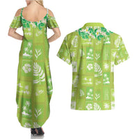 Aloha Hawaii Tuberose Lei Couples Matching Summer Maxi Dress and Hawaiian Shirt Tropical Vibes Green Color - Polynesian Pride